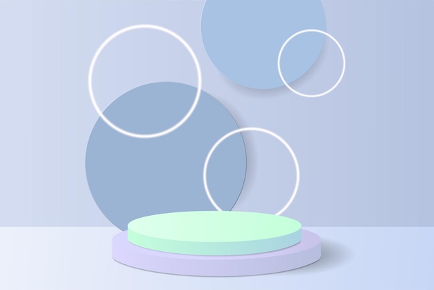 Podium De Produit Vectoriel Avec Cercle Néon Sur Fond De Studio Bleu. Mise En Page Pour Votre Conception.