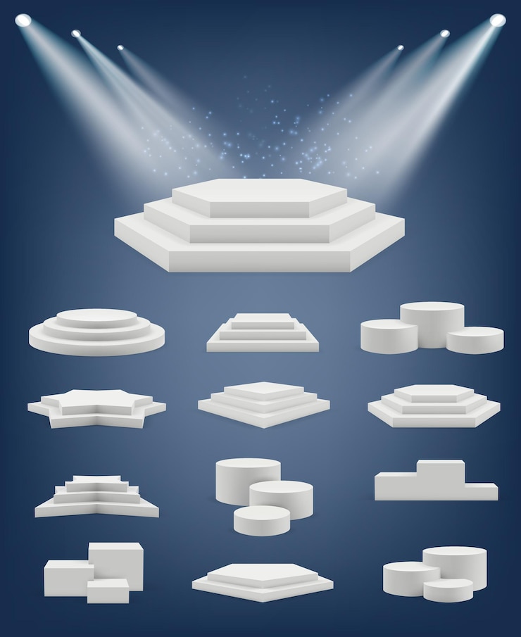Vecteur podium réaliste. le piédestal de la salle d'exposition met en scène différentes plates-formes, la table des gagnants de l'arène forme la collection vectorielle. podium et piédestal réalistes d'illustration à la présentation de salle d'exposition