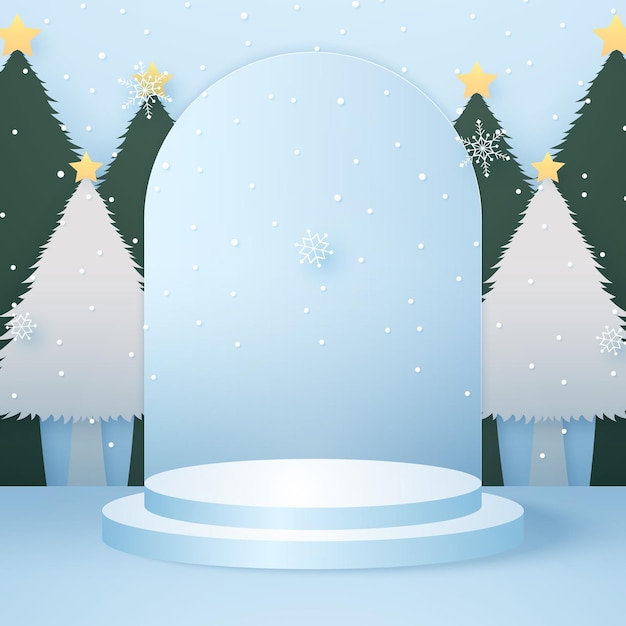 Vecteur podium rond cyan pour l'arrière-plan du produit avec des chutes de neige sur l'arbre et une maquette de modèle pour noël