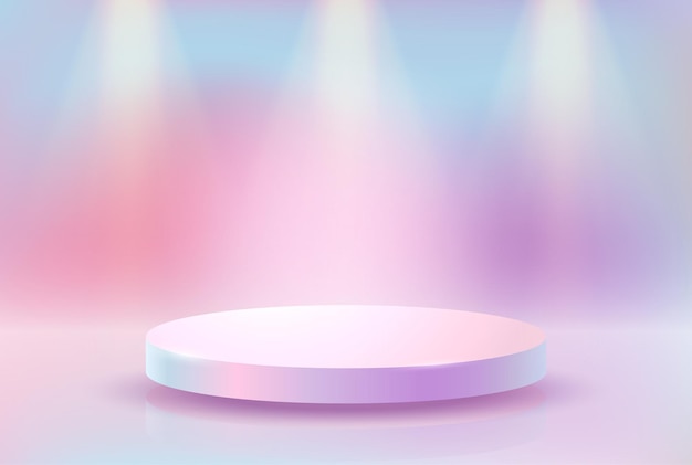 Podium rond en pastel sous un gradient de lumière multicolore doux créant l'effet d'un projecteur brillant Conception minimaliste adaptée à la démonstration ou à la présentation de produits Illustration 3D vectorielle