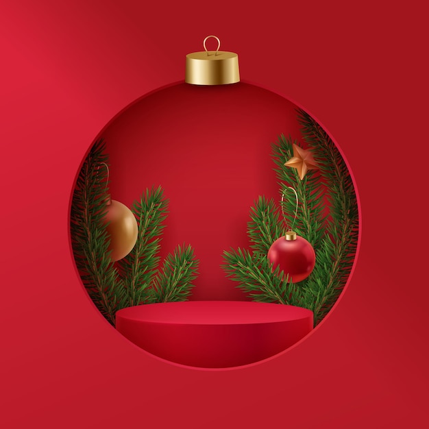 Podium rouge de Noël avec des boules de Noël de sapins et une étoile Fond festif