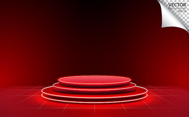 Podium rouge à trois marches avec fond lumineux au néon pour le produit de technologie commerciale numérique