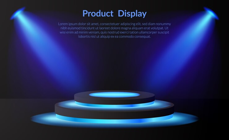 Podium de scène d'affichage de produit d'exposition avec lampe au néon et projecteur et fond sombre