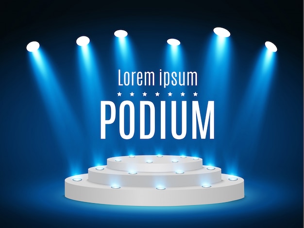 Podium De Scène Avec éclairage, Scène De Podium Avec Pour La Remise Des Prix Sur Fond Bleu,