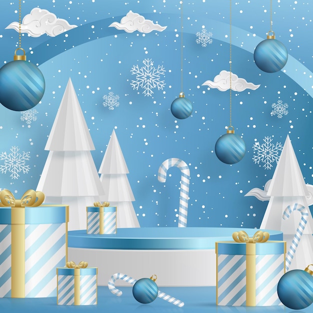 Podium des soldes d'hiver 3d pour illustration de bannière sur un motif festif avec concept de flocons de neige