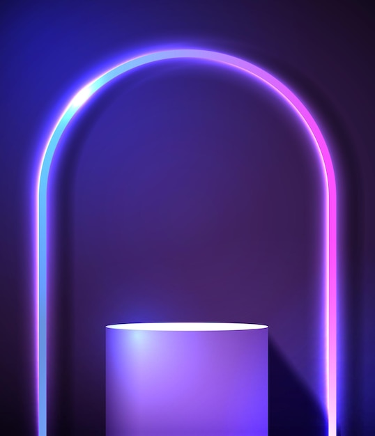 Podium ou support avec néon dégradé de ligne dans la scène abstraite Scifi avec cadre néon rose et bleu vecteur rendu produit affichage conception vectorielle scène minimale futuriste