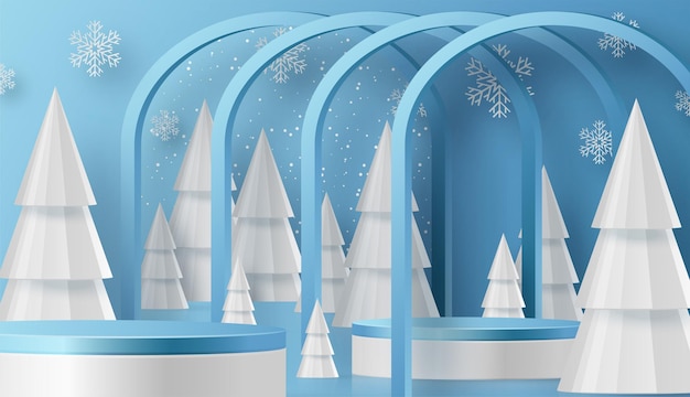 Podium De Vente D'hiver 3d Pour Illustration De Bannière Sur Motif Festif Avec Concept De Flocons De Neige Sur Fond De Couleur.