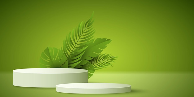 Podium vide exotique avec des plantes tropicales pour afficher votre marque Scène d'été minimaliste Socle 3D pour votre conception Maquette de vente Illustration vectorielle