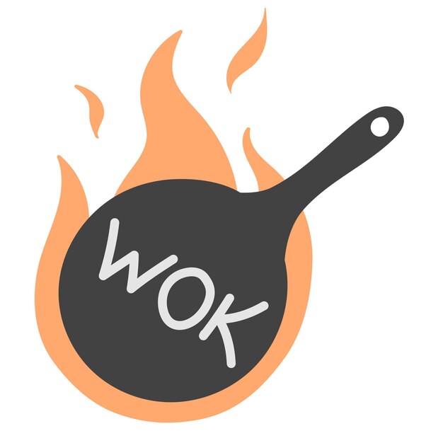 Poêle à Frire Wok Avec Icône De Flamme Dans Un Style Plat Doodle  Illustration Vectorielle Logo De Cuisine Asiatique Wok Pour Café