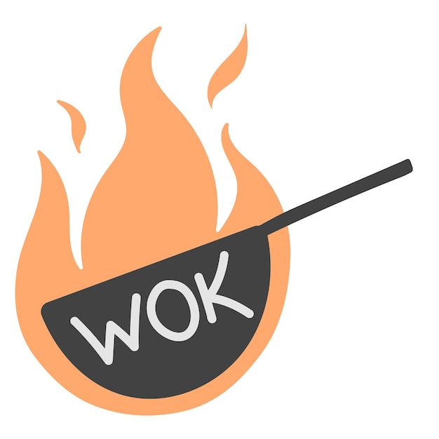 Vecteur poêle à frire wok avec icône de flamme dans un style plat doodle illustration vectorielle logo de cuisine asiatique wok pour café