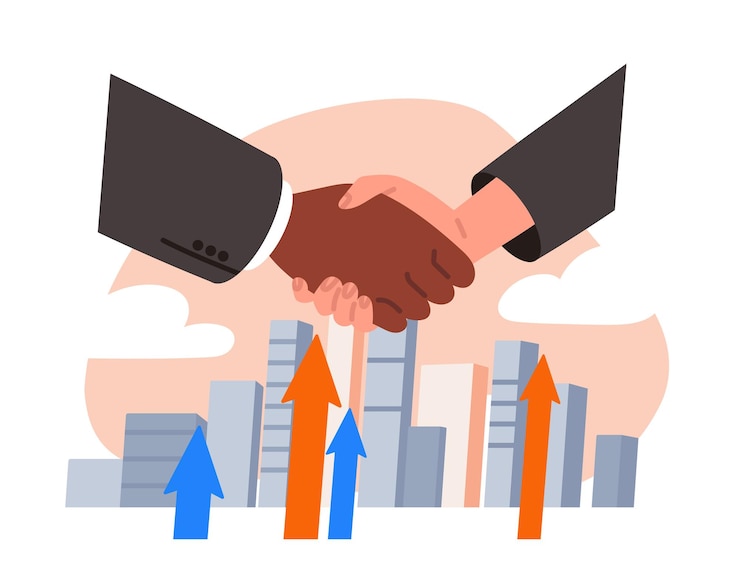 Vecteur poignée de main et relation d'affaires les gens se serrent la main près des bâtiments l'entrepreneur et l'investisseur concluent une transaction immobilière illustration vectorielle plate