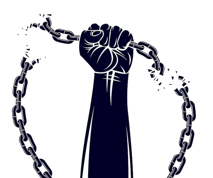 Vecteur le poing serré à la main se bat pour la liberté contre l'illustration du thème de l'esclavage en chaîne, le logo vectoriel ou le tatouage, se libère, lutte pour la liberté.