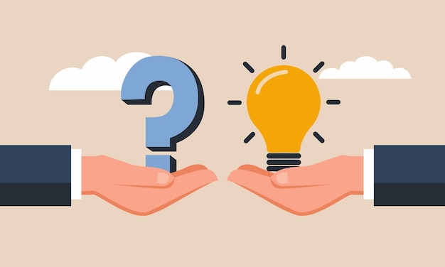 Un point d'interrogation et une ampoule dans les mains représentent la résolution de problèmes, l'innovation et la critique.