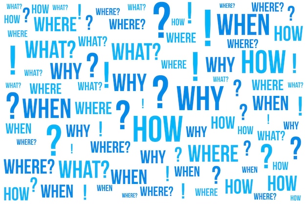 Point d'interrogation - Questions dont les réponses sont considérées comme fondamentales dans la collecte d'informations ou la résolution de problèmes, fond de nuage de mots.