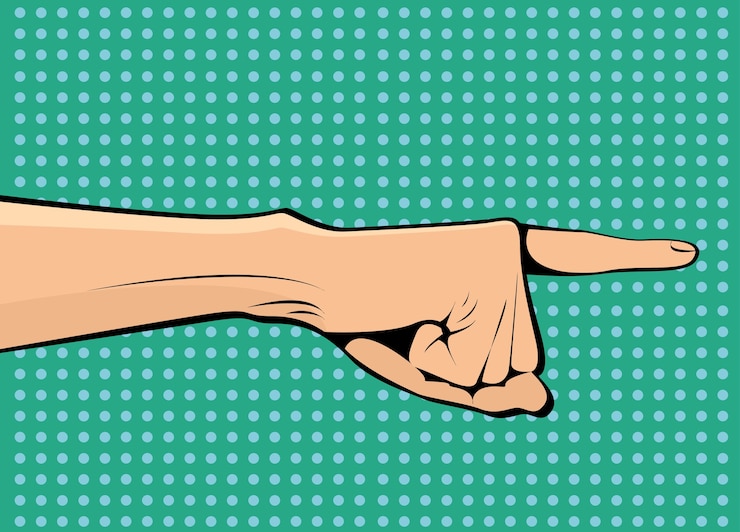 Vecteur pointant la main dans le style de bande dessinée rétro pop art
