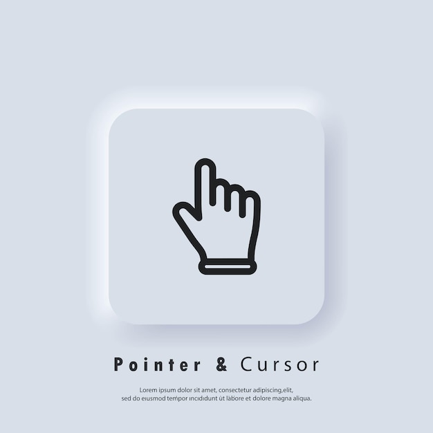 Pointeur de la main, en cliquant sur l'icône. En cliquant sur l'icône du doigt, pointeur de la main. Vecteur EPS 10. Bouton web de l'interface utilisateur blanche UI UX neumorphique. Neumorphisme