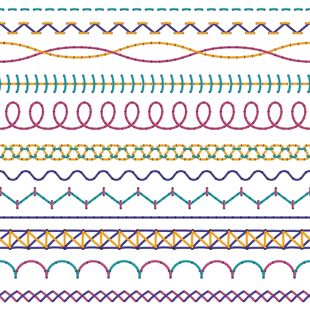 Points de broderie. Point de tissu de mode coudre les bords à coudre le fil en zigzag, couleur de couture croisée sans couture cousue