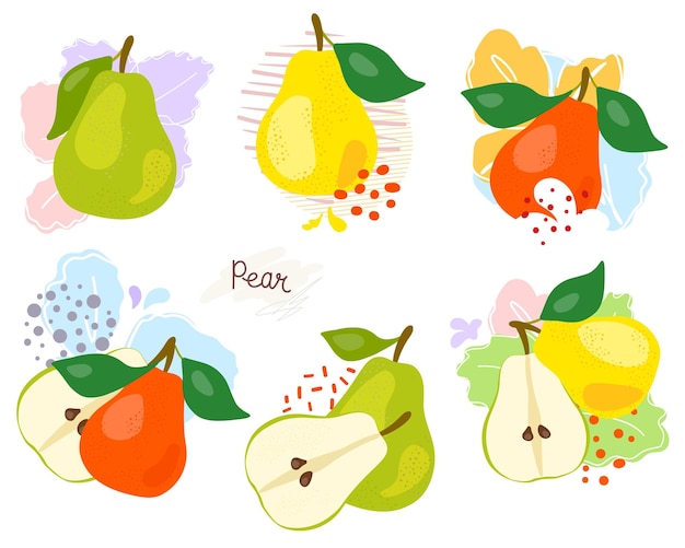 Poire Verte Fraîche Entière Et Coupée En Deux Laisse Des Fruits Sur Fond Blanc Doodle Handdrawn Set