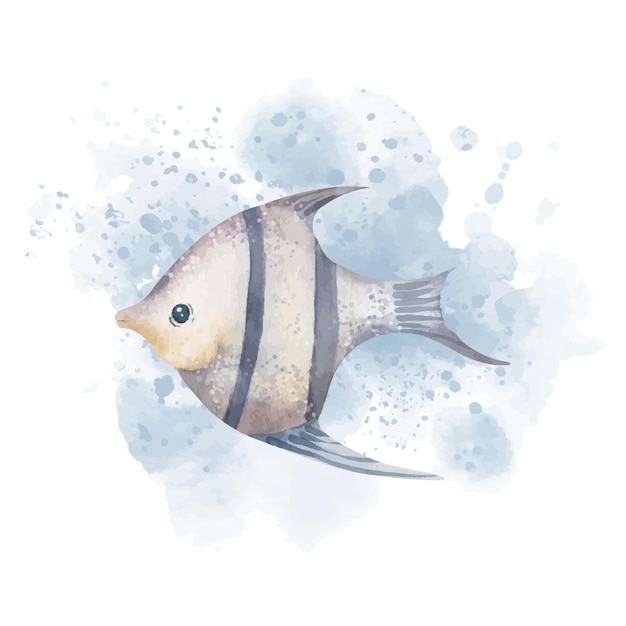 Vecteur poisson-ange avec aquarelle splash illustration dessinée à la main d'un poisson-ange sur fond blanc isolé croquis de la faune sous-marine aux couleurs bleues animal sous-marin exotique tropical pour icône ou logo