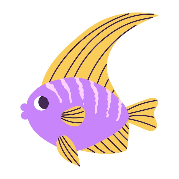 Poisson-ange marin violet dessin animé isolé avec des rayures dans un style plat dessiné à la main sur fond blanc