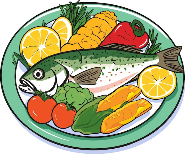 Vecteur poisson cuit au citron et aux légumes sur une illustration vectorielle de plaque