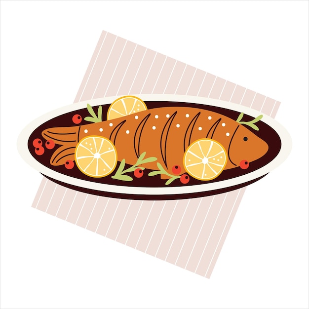 Poisson Cuit Au Four Avec Citron Et Romarin Isolé Sur Fond Blanc Viande De Poisson Frite Cuite Sur Une Assiette Plat Traditionnel Festif Illustration Plate De Vecteur De Dessin Animé Coloré