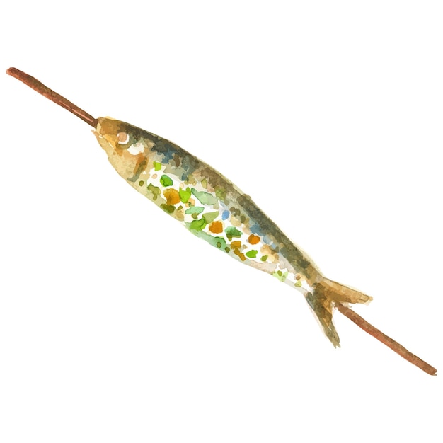 Vecteur poisson cuit à l'eau peint à l'aquarelle élément de conception de fruits de mer frais dessiné à la main isolé sur fond blanc