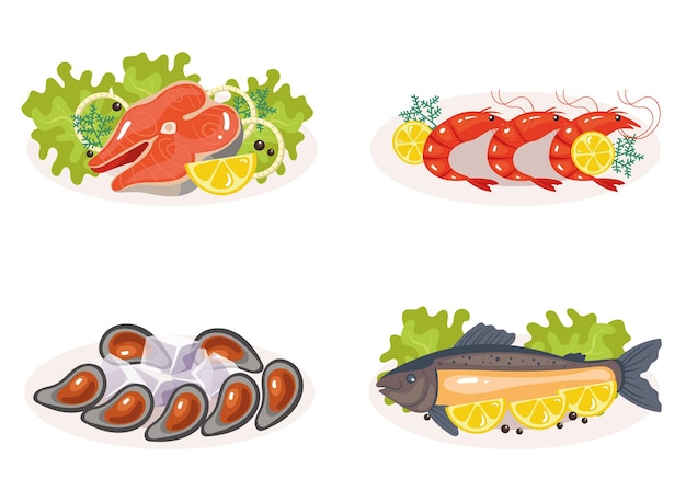 Poisson Diah Fruits De Mer Sur Assiette Isolé Ensemble Illustration De Conception Graphique De Dessin Animé Plat