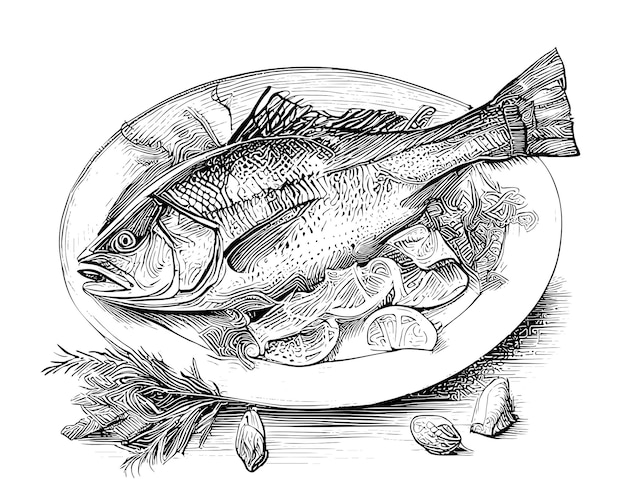 Vecteur poisson frit sur une assiette croquis dessinés à la main cuisine asiatique restaurant concept d'entreprise. illustration vectorielle