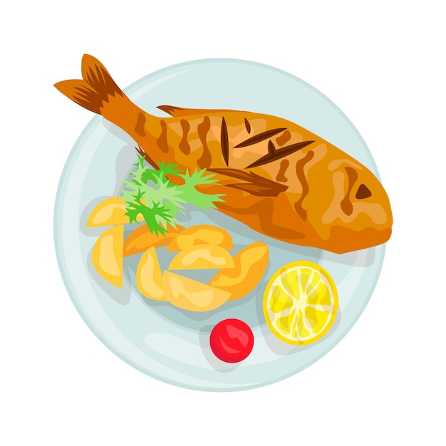 Vecteur poisson frit avec illustration de pomme de terre en style cartoon couleur