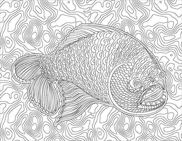 Poisson Géant Avec De Grandes Dents Dessin Au Trait Avec Un Livre De Coloriage De Fond Détaillé D'algues