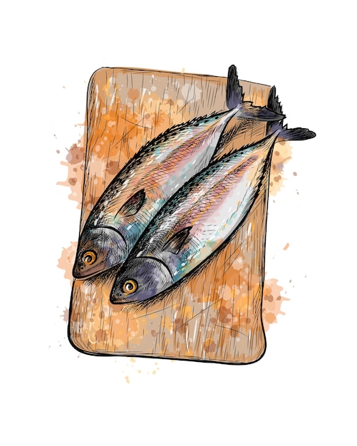 Poisson Hareng Salé Sur Une Planche à Découper à Partir D'une Touche D'aquarelle, Croquis Dessiné à La Main. Illustration De Peintures