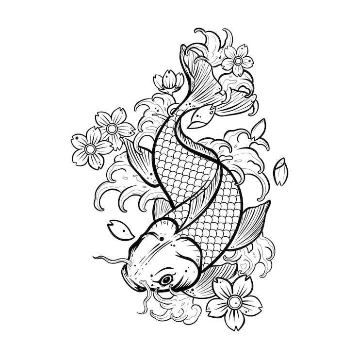 Vecteur un poisson koi tatoué noir sur un fond blanc