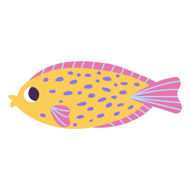 Poisson marin rose jaune de dessin animé isolé avec des taches dans un style plat dessiné à la main sur fond blanc