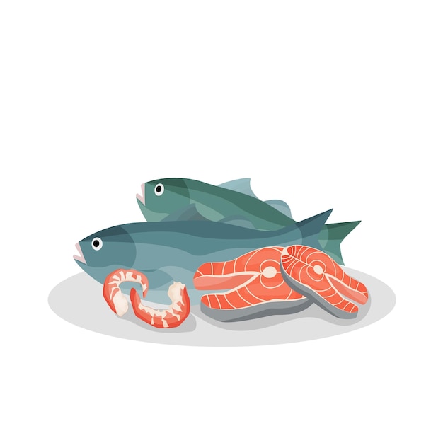 Poisson De Mer Frais Steaks De Poisson Rouge Crevettes Sur Fond Blanc Illustration Vectorielle Pour Les Menus