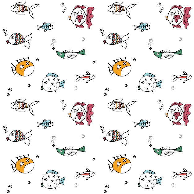 Poisson mignon dans un fond de motif sans couture de style coloré doodle. Illustration vectorielle