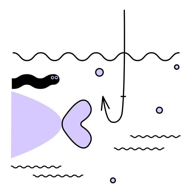 Vecteur le poisson nage loin du crochet vide illustration de contour plat humoristique journée nationale de la pêche