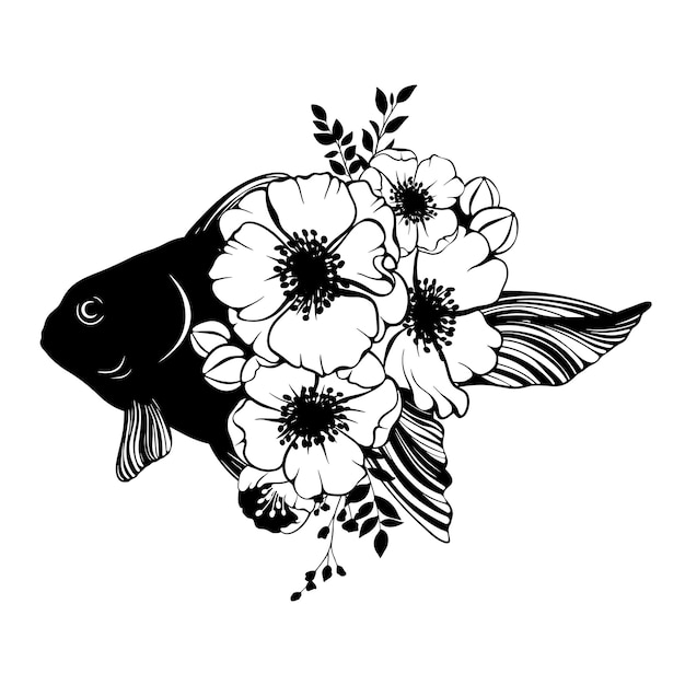 Poisson Ornemental Doré Asiatique Avec Une Couronne De Fleurs De Printemps Silhouette Vectorielle Noire