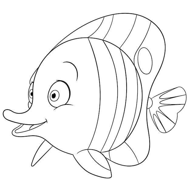 Poisson-papillon heureux. Page de livre de coloriage de dessin animé pour les enfants.