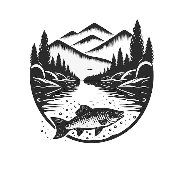 Vecteur poisson de pêche dans l'eau modèle de conception de logo vintage blanc et blanc