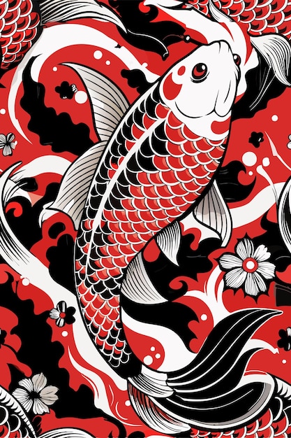 un poisson qui a un fond rouge avec un motif noir et blanc