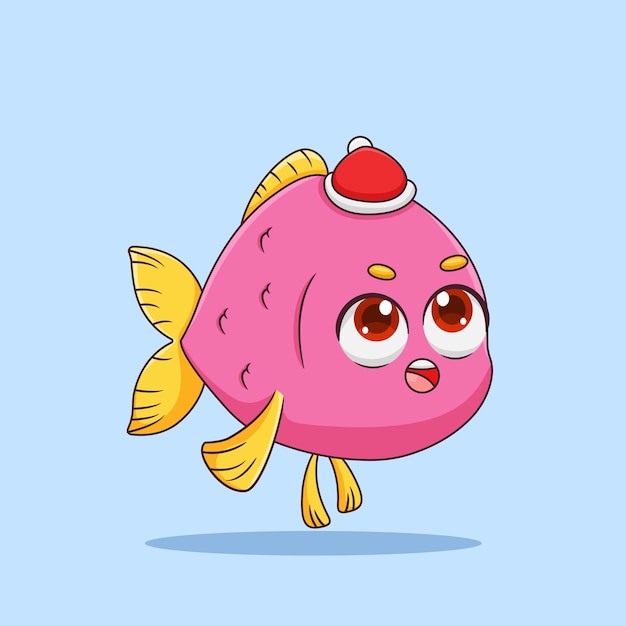 Vecteur le poisson rose mignon qui regarde avec un chapeau de noël