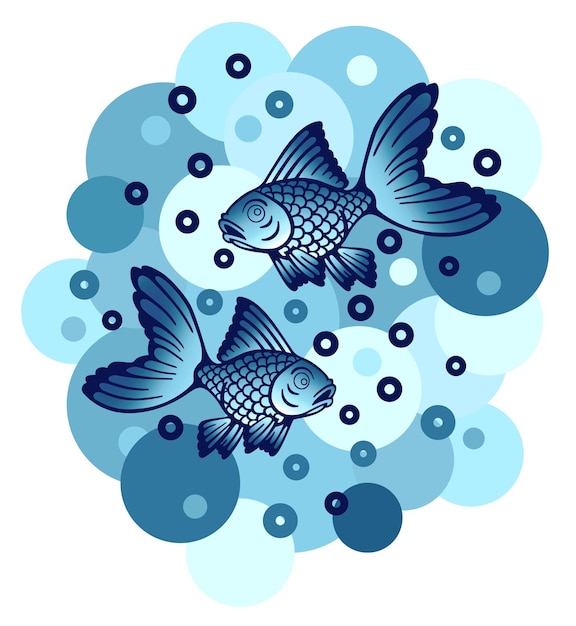 Vecteur poissons bleus stylisés et bulles. flottez dans l'eau. graphisme, tatouage, impression.