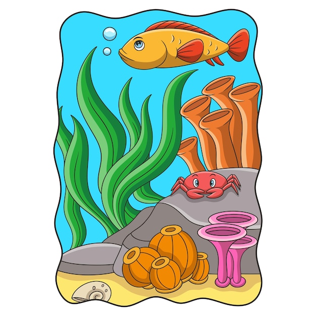 Poissons Et Crabes D'illustration De Dessin Animé Nageant Dans La Mer Autour Des Récifs Coralliens