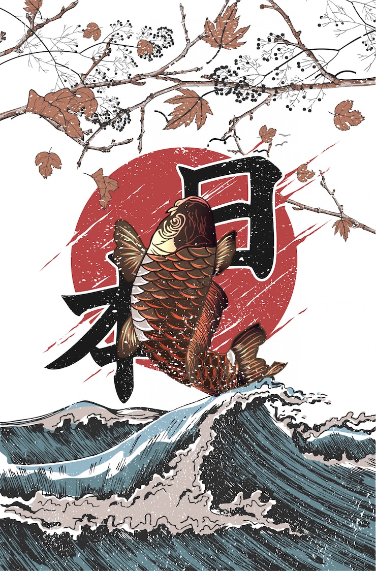 Vecteur poissons koi survolent les vagues