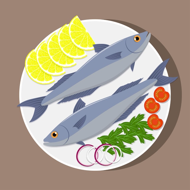 Vecteur poissons sur plaque blanche avec citron herbes tomate oignon cuisson du saumon illustration plate vectorielle