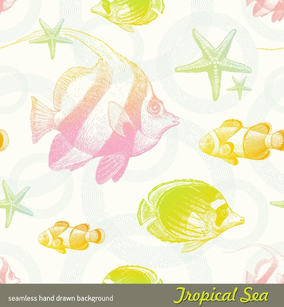 Poissons Tropicaux De Fond Dessinés à La Main Vectorielle Continue