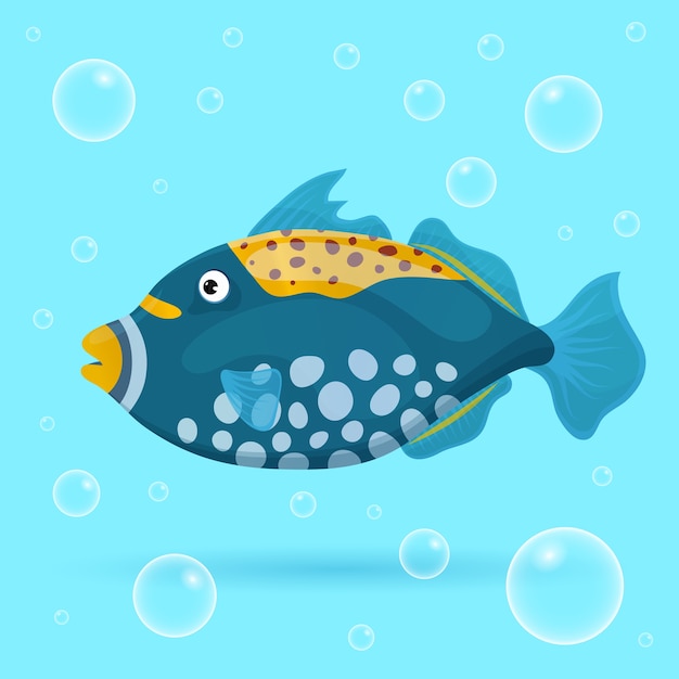 Vecteur poissons tropicaux mignons sur fond bleu avec des bulles. poisson de mer aux couleurs vives. vie sauvage marine sous-marine. illustration.