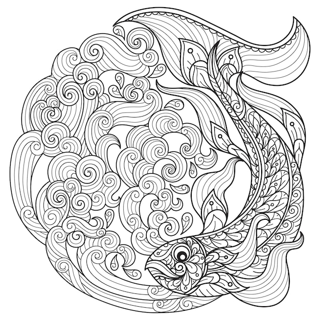 Poissons Et Vagues De La Mer Illustration De Croquis Dessinés à La Main Pour Livre De Coloriage Pour Adultes