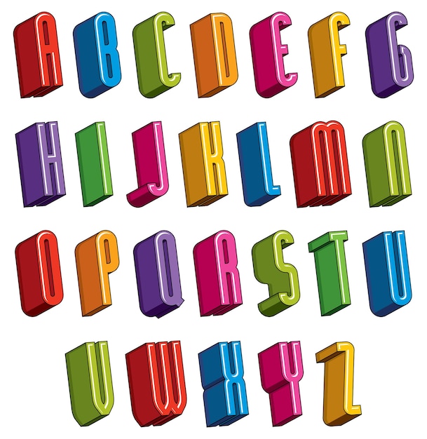 Police 3d, lettres vectorielles colorées, alphabet dimensionnel géométrique, idéal pour une utilisation dans la publicité et la conception de sites Web.